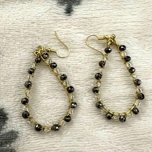 Tear Drop Hoop Earrings with Blue Chrome and Crystal Beads